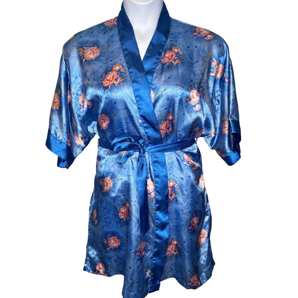 Just Love Womens Blue Floral Satin‎ Short Sleeve Kimono Robe Sz M Silky Dollette